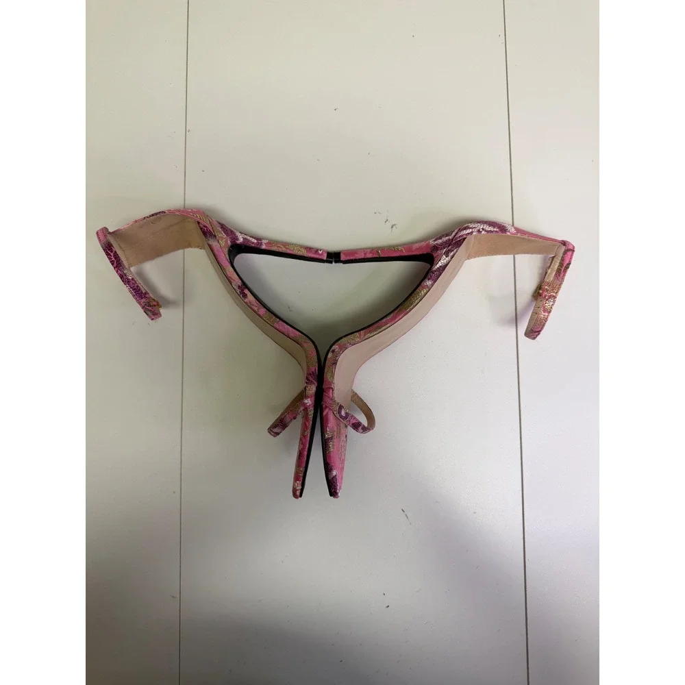 PrettyLittleThing Pink‎ Floral Print Stiletto Heels Ankle Strap Sandals Size 6